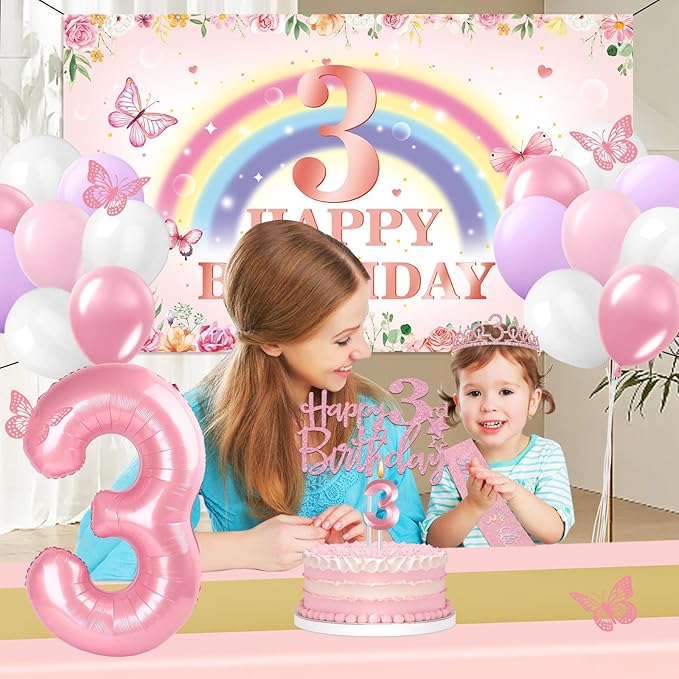 3rd Birthday Decorations for Girls 47pcs Pink Flower Rainbow Banner