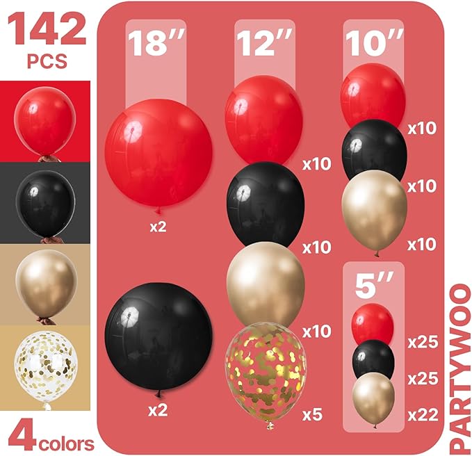 PartyWoo Red Black and Gold Balloon Arch Kit Garland 142pcs Different