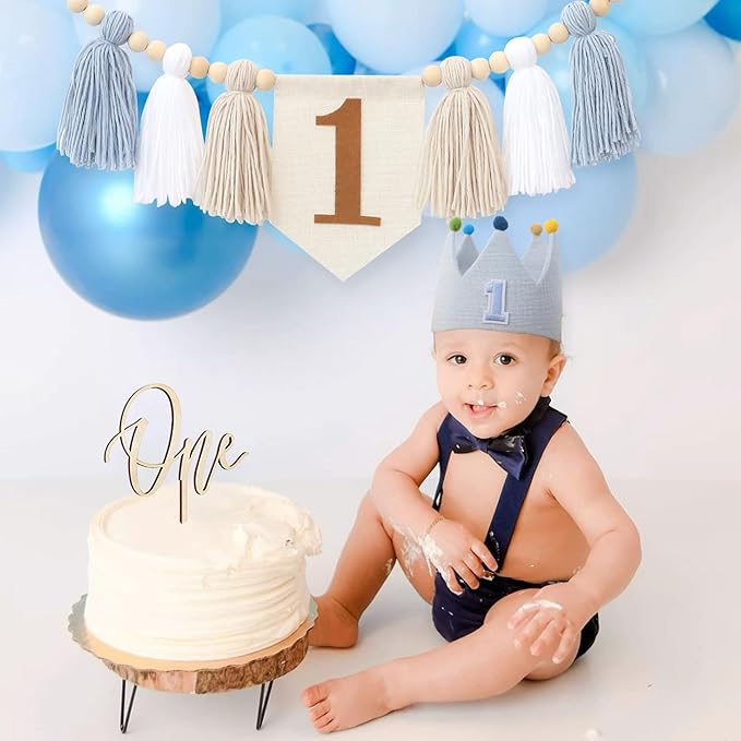 Baby First Birthday Party Decorations Blue High Chair Banner Crown