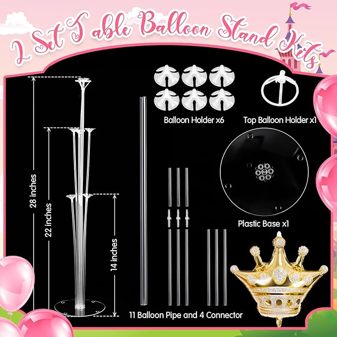 Seematn 2 Set Princess Balloon Stand Kits Pink Gold Crown Balloons