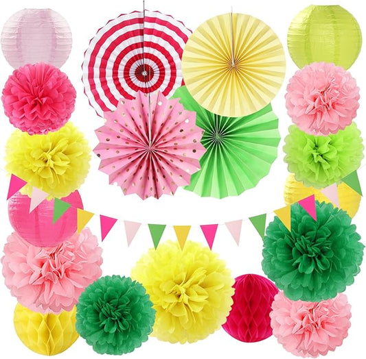 Hawaiian Pink Green Yellow Party Decorations 20pcs Aloha Paper