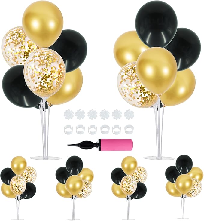 6 Set Balloon Centerpieces for Table Black Gold Balloon Stand Kit