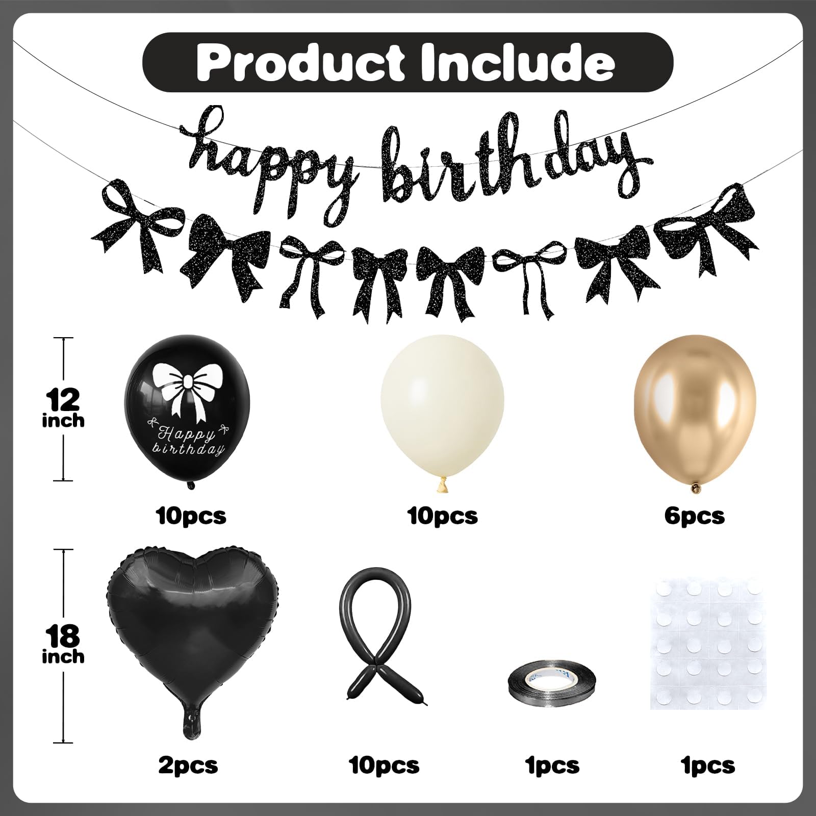 Black Gold Sand White Bow Birthday Decorations, Coquette Party Decor
