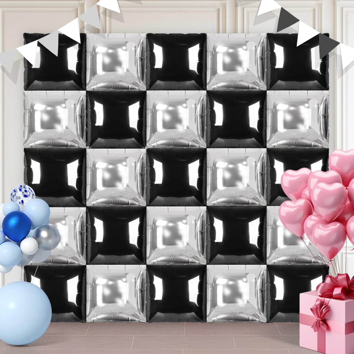 Black and Silver Square Foil Balloons 25 Pcs Metallic Black and Silver