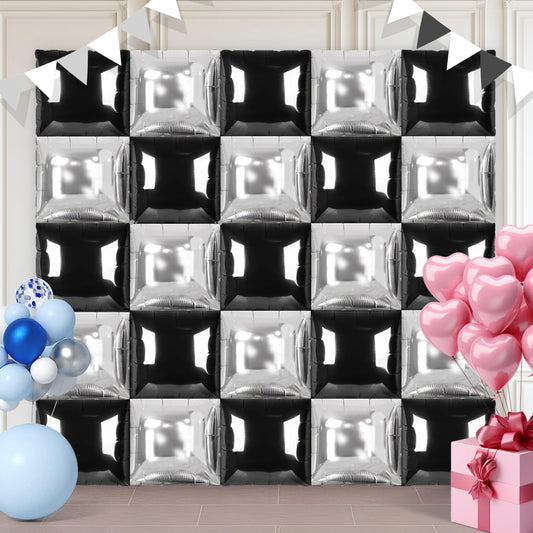 Black and Silver Square Foil Balloons 25 Pcs Metallic Black and Silver