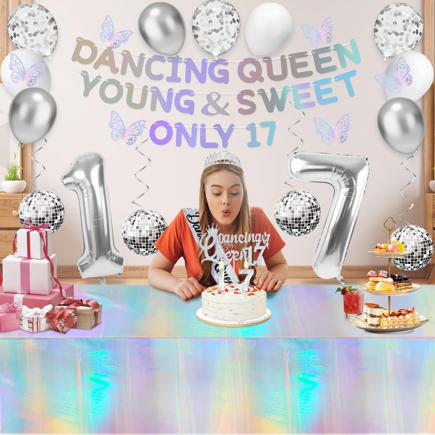 34pcs Dancing Queen Party Decorations 17,Dancing Queen Banner,Silver