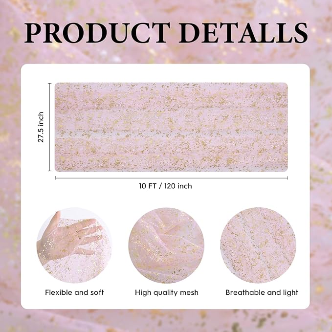 Artoid Mode Gold Gauze Pink Table Runner 120 Inch 10FT, Glitter