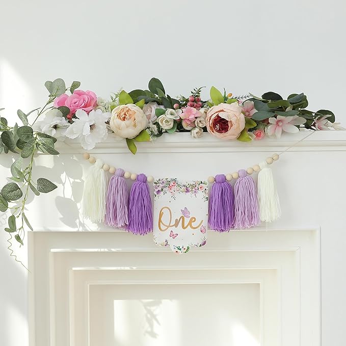 Handmade Butterfly Flower 1st Birthday High Chair Banner Purple