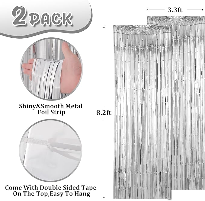 Voircoloria 2 Pack Silver Foil Fringe Backdrop Curtains, Tinsel
