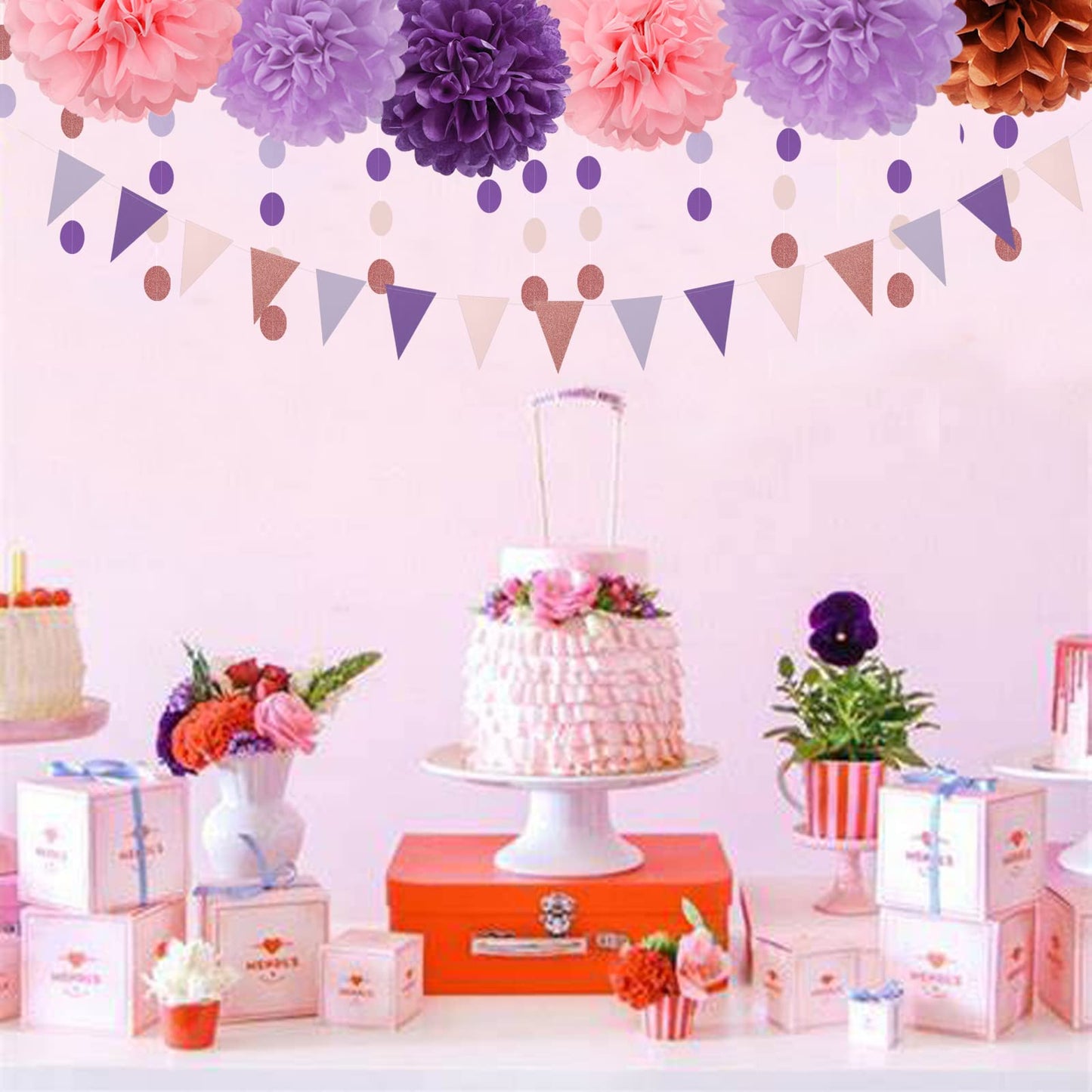 Rose-Gold Pink Purple Party Decorations - 30pcs Tissue Pom Poms