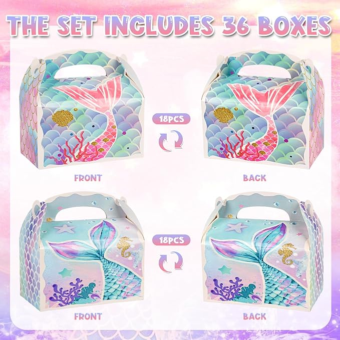 36 Pack Cute Mermaid Party Favor Treat Boxes Small Ocean Gable Boxes