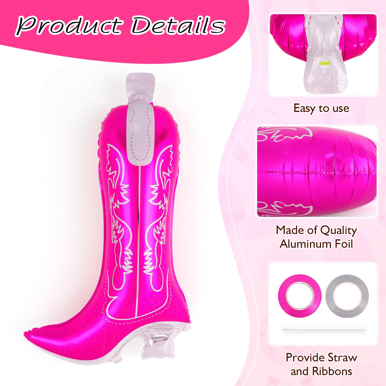 10 Pcs Pink Cowgirl Boot Balloons, Foil Disco Cowgirl Balloons Western