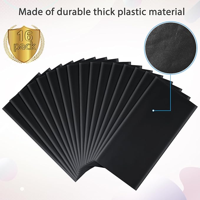 16 Pack Black Plastic Tablecloth for Rectangle Tables, Premium