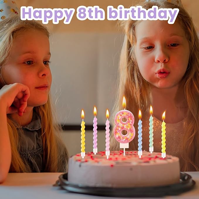 MTLEE Number 8 Birthday Candle with 12 Pcs Spiral Candles for Girls Ma
