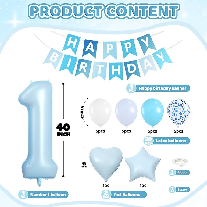 1st Birthday Decorations for Boys, 40 Inch Light Blue Number 1