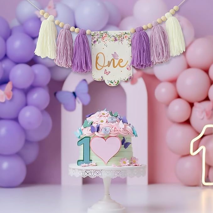 Handmade Butterfly Flower 1st Birthday High Chair Banner Purple