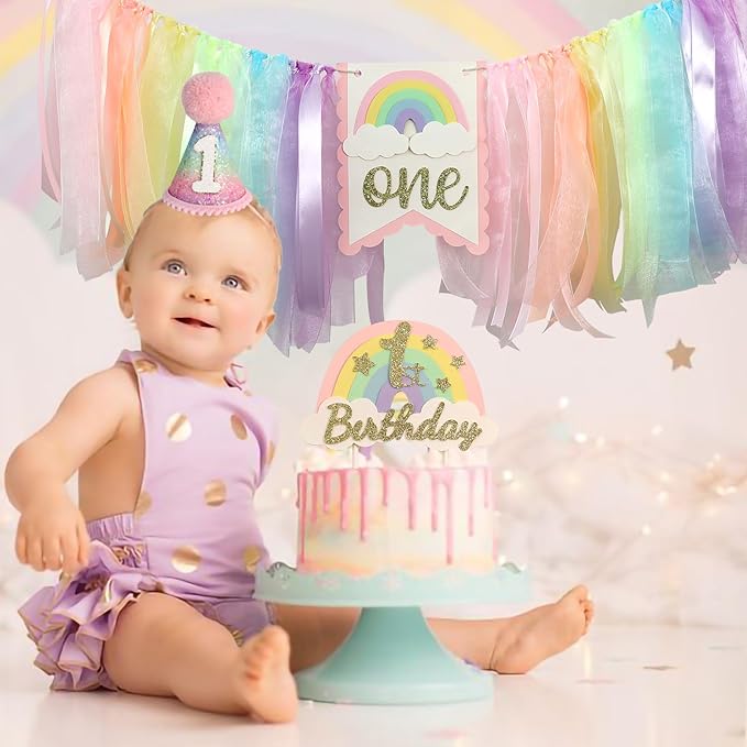 Macaron First Birthday Party Decorations Pastel Rainbow High Chair