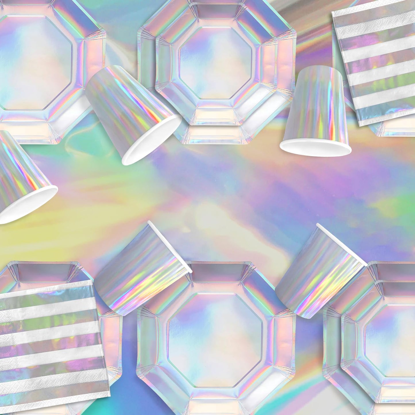 Iridescent Party Supplies - Disposable Paper Plates, Cups and Napkins