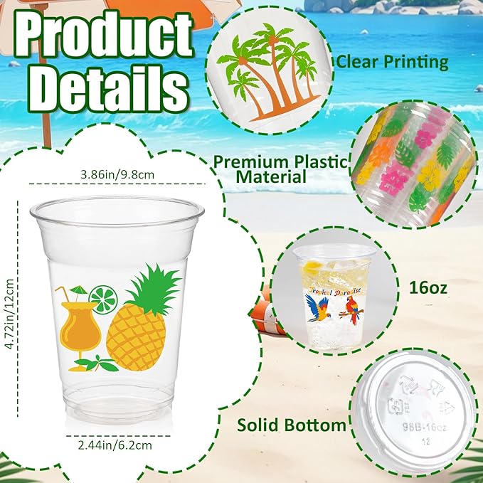 50Pcs Luau Party Decoration Cups 16 OZ Disposable Plastic Drinking