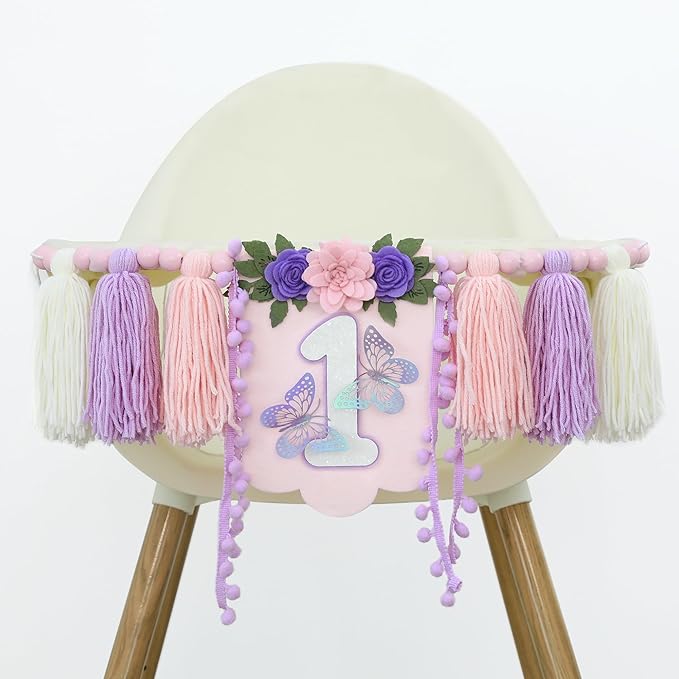 Handmade Butterfly Wildflower 1st Birthday High Chair Banner Purple