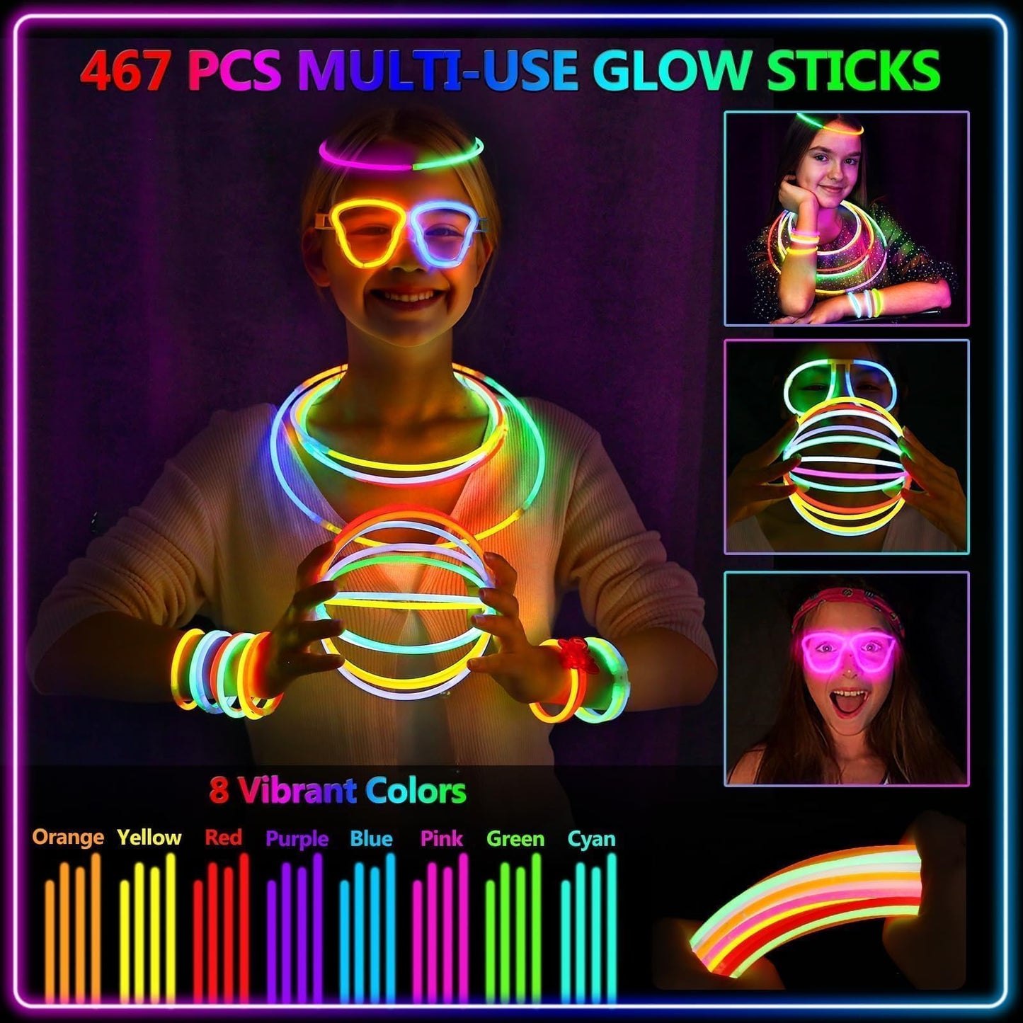 BUDI 467Pcs Glow Sticks Party Favors for Kids Adults Glow in the Dark