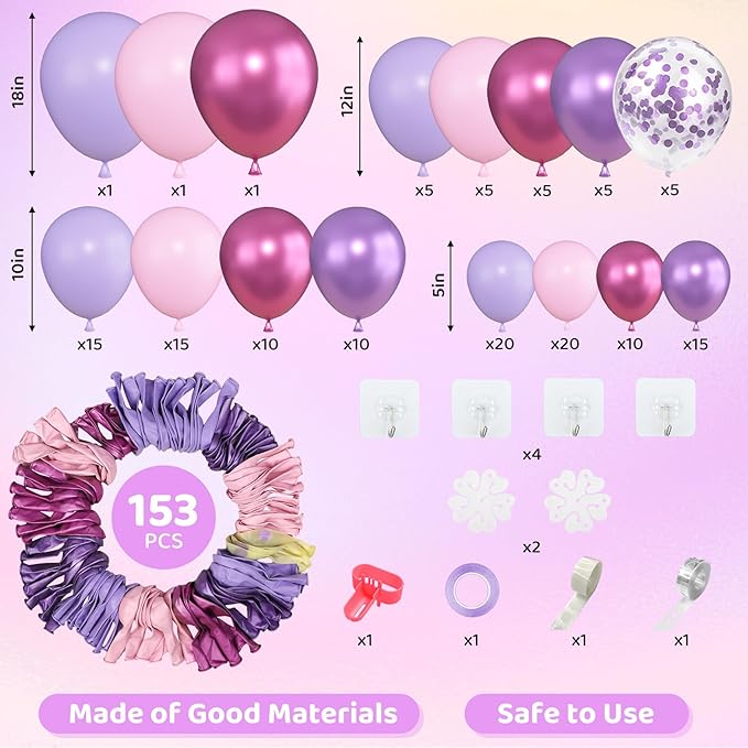 Amandir 153pcs Pink Purple Balloon Garland Arch Kit, Different Sizes