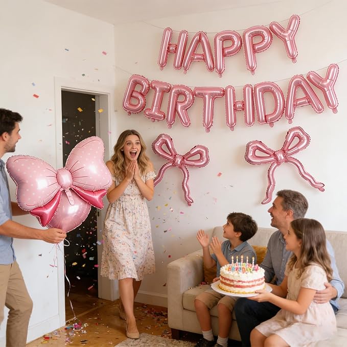 Pink Bow Happy Birthday Balloons Banner, 22 Inch Pearl Pink Bow Foil