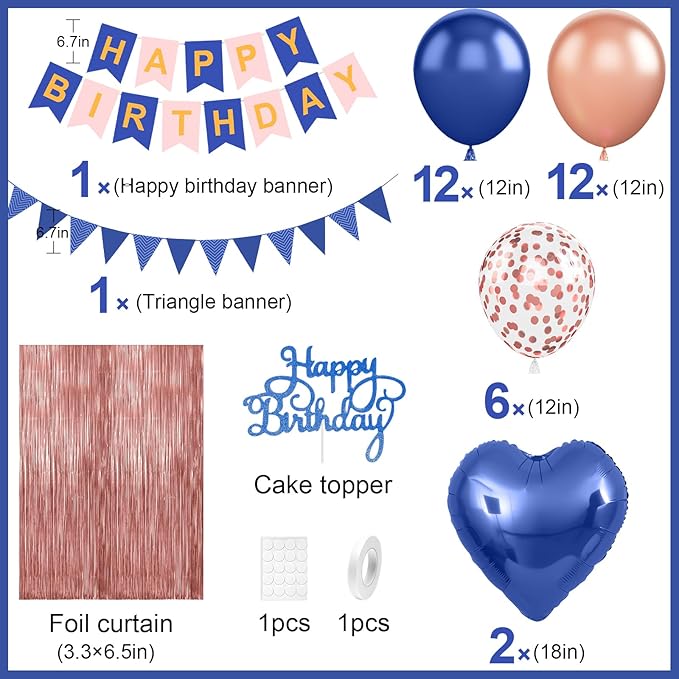 Navy Blue Rose Gold Birthday Decorations Happy Birthday Banner