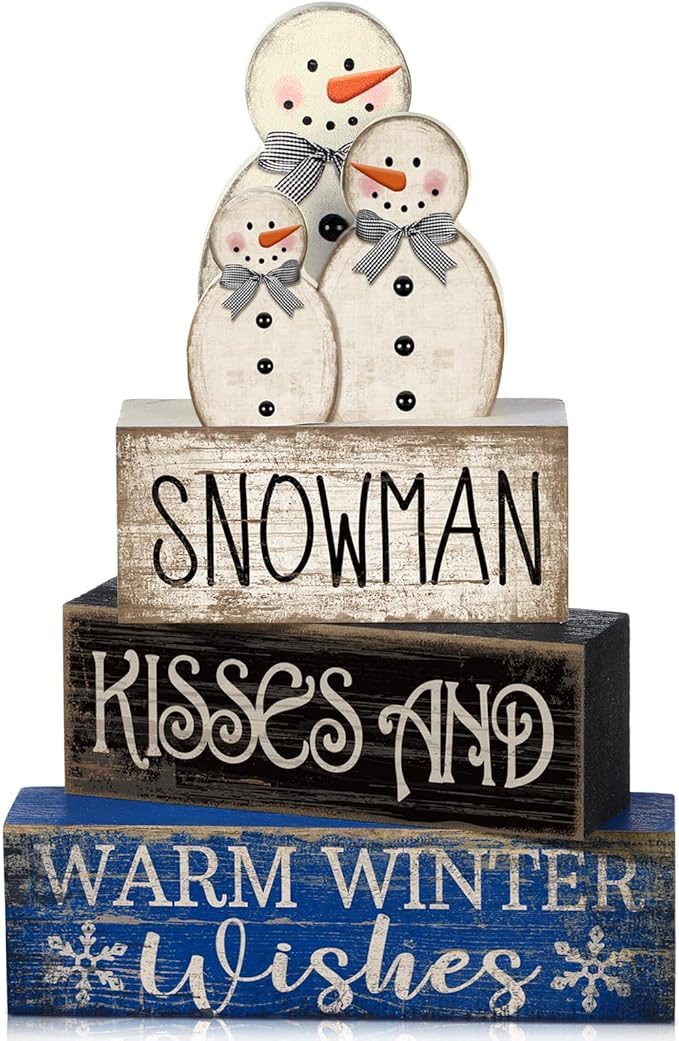 4 Pcs Winter Table Decor Wooden Snowman Decorations Winter Tiered