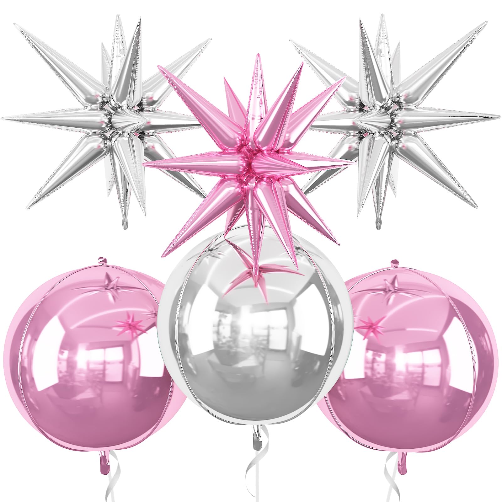 6Pcs Pink Silver Foil Balloons,22Inch Light Pink Silver 4D Round Ball