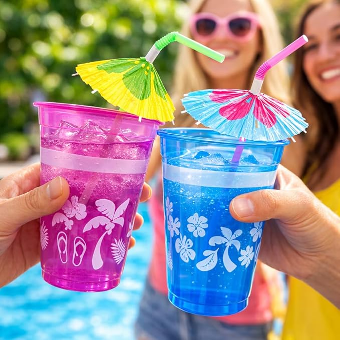 4E's Novelty 48 Packs Tropical Party Cups with Parasol Straws