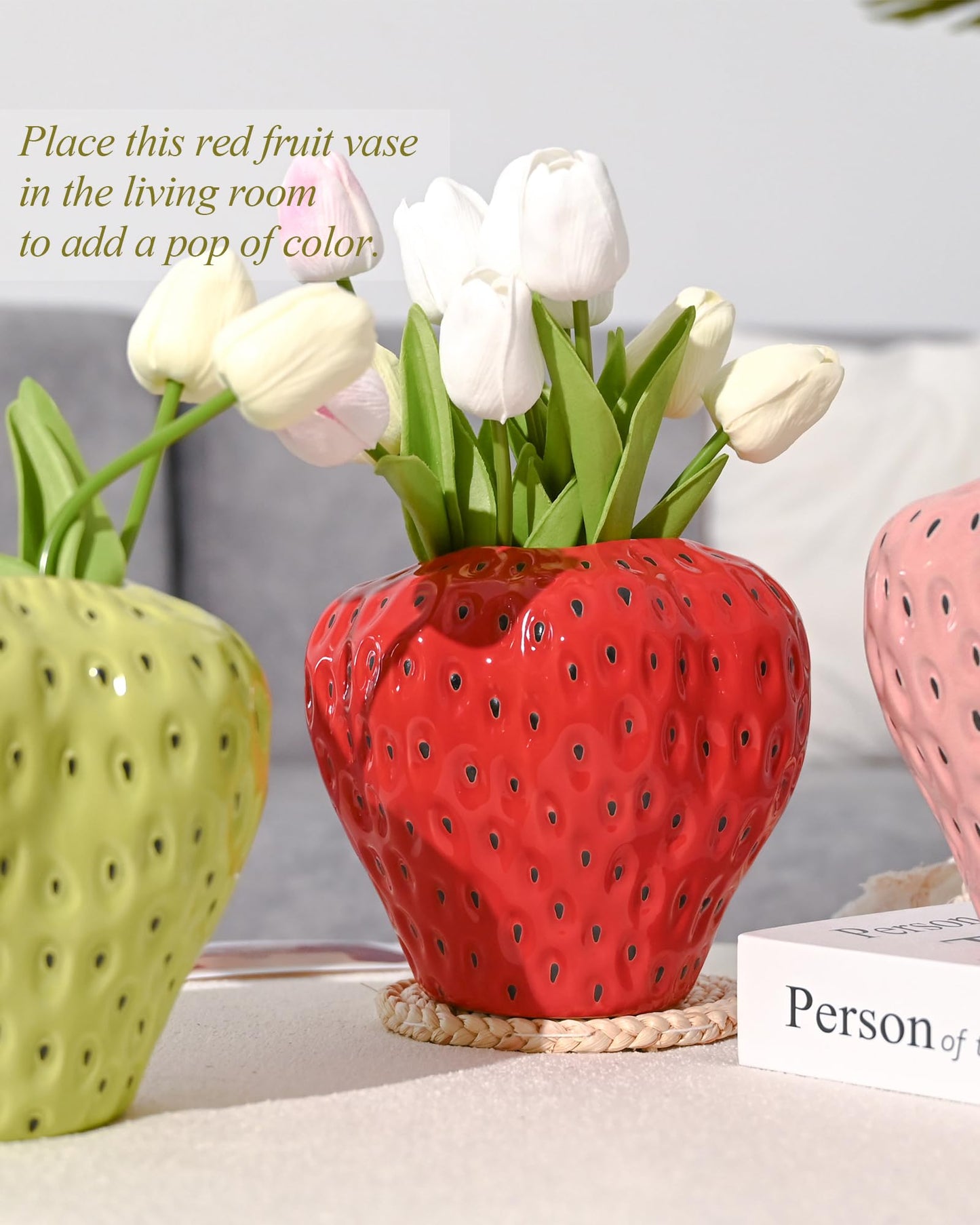 DN DECONATION Red Strawberry Vase, Strawberry Ceramic Flower Vases for