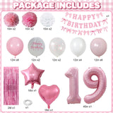 19th Birthday Decorations for Girls Pink Number 19 Balloon Bow