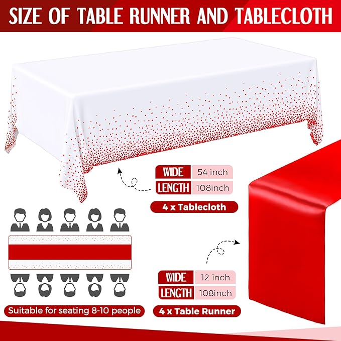 Breling 8 Pack White and Red Disposable Plastic Tablecloths and Satin
