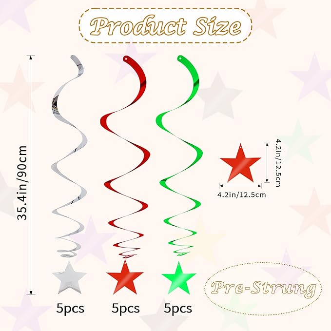 BEISHIDA Red Green Silver Star Hanging Swirl Christmas Decorations