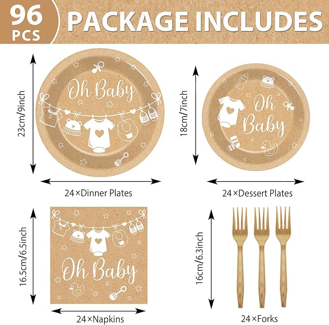 96Pcs Neutral Baby Shower Party Decorations Boho Baby Plates and
