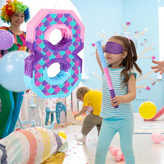 Mermaid Number 8 Pinata with Purple Pinata Stick Blindfold 8th