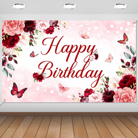 Avezano Floral Happy Birthday Banner for Women Girls Rose Gold Red
