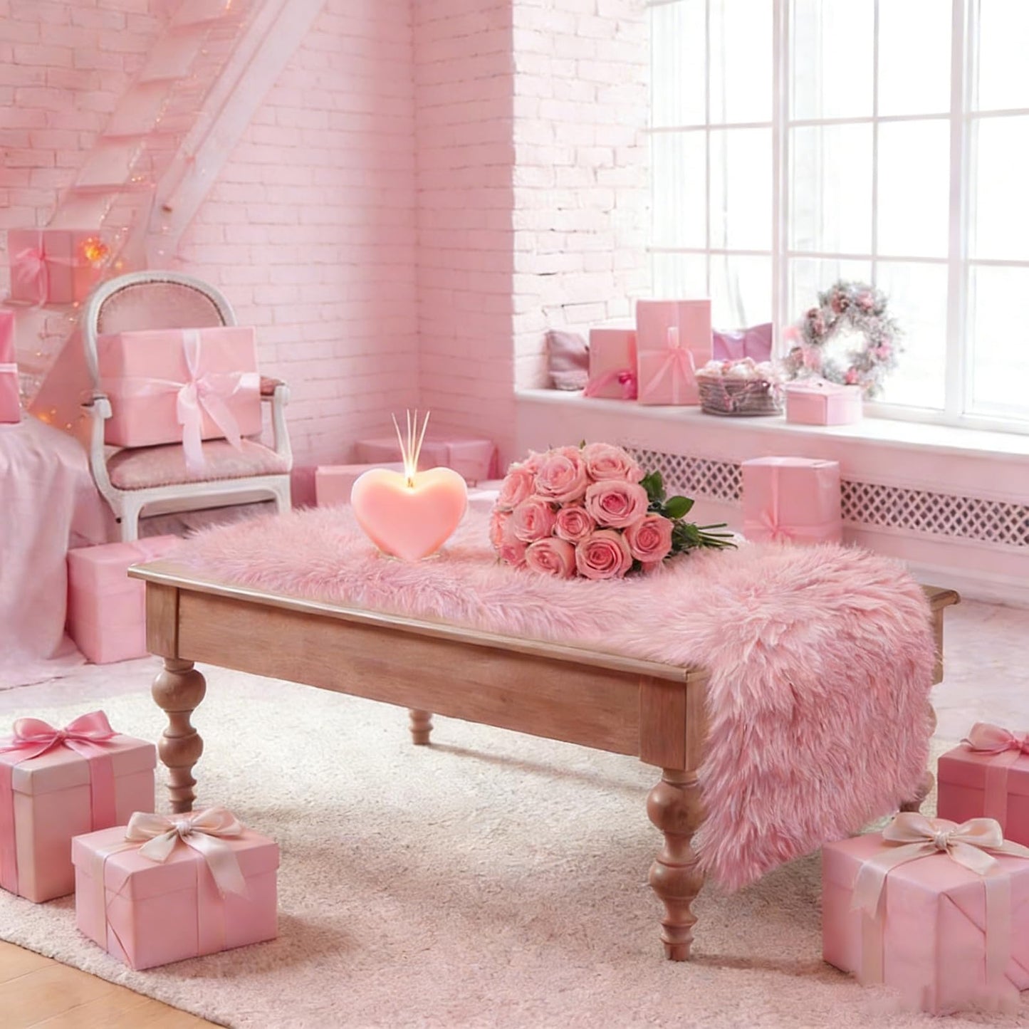 yuboo Pink Fur Table Runner 72 inches, Fluffy Pink Preppy Girly