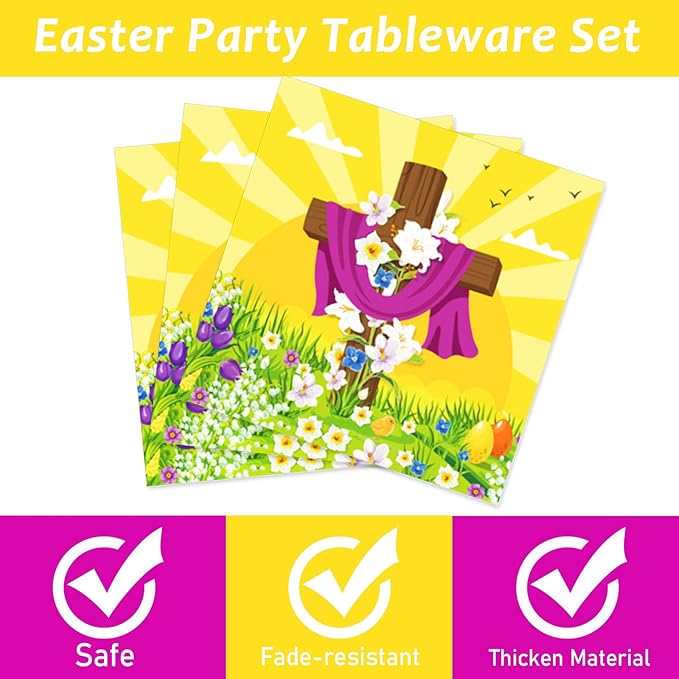 96 Pcs Easter Tableware Set He is Risen Plates Happy Easter Party