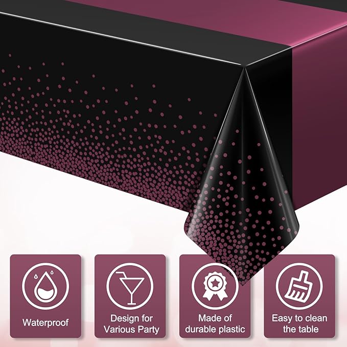 3Pcs Black and Maroon Purple Tablecloth Party Decorations,Plastic