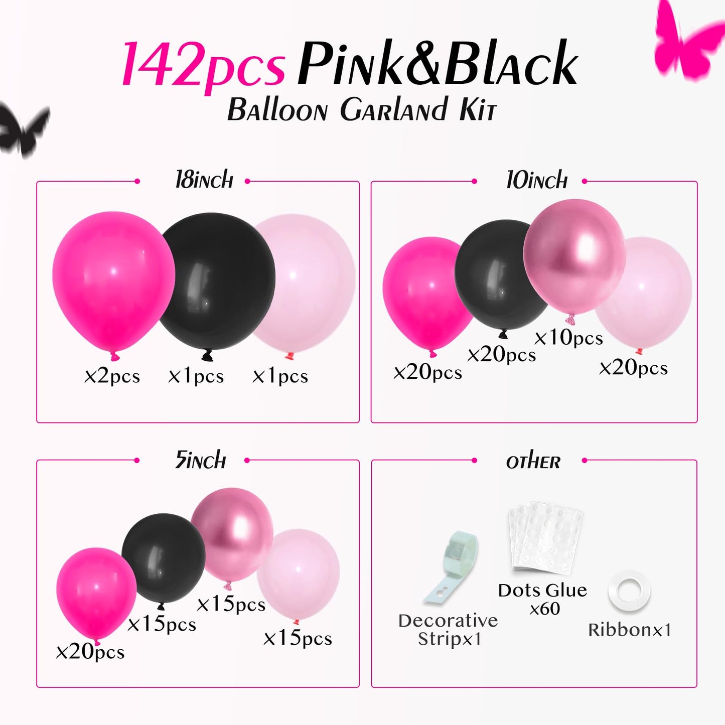 Pink and Black Balloon Arch Kit, Hot Pink Black Light Pink Metallic