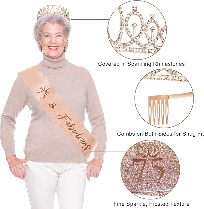 75th Birthday Decorations for Women 33pcs 75th Crown and Sash Black