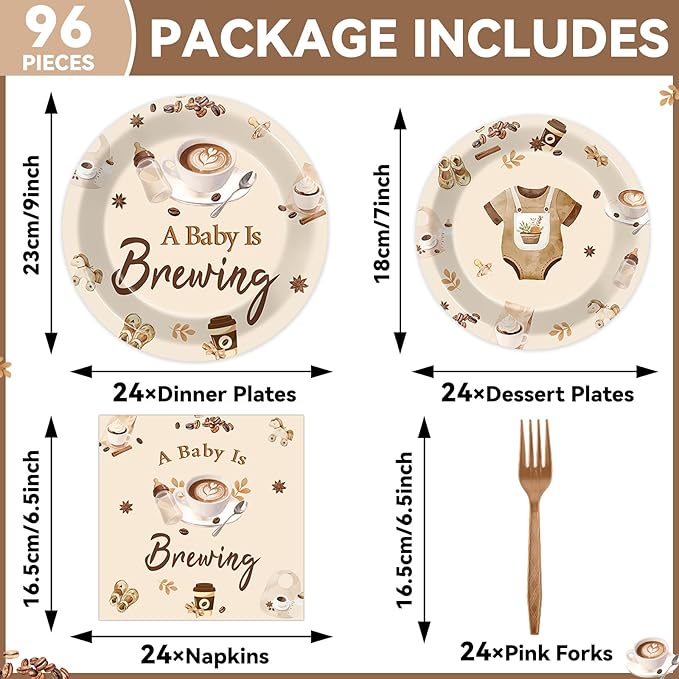 96 Pcs Coffee Baby Shower Party Plates Napkins Tableware Set A Baby