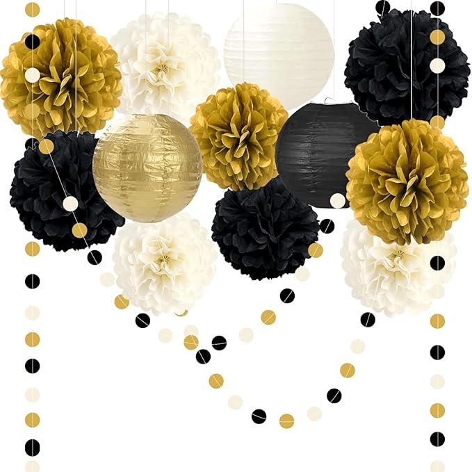 14PCS Black and Gold Party Decorations, Tissue Paper Pom Poms, Paper