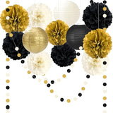 14PCS Black and Gold Party Decorations, Tissue Paper Pom Poms, Paper
