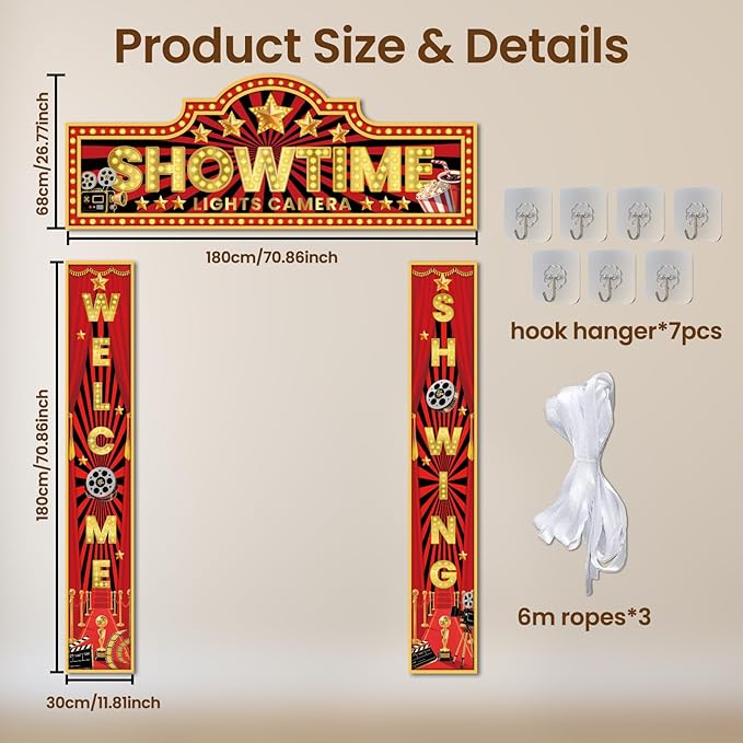 3 Pcs Movie Night Decorations Porch Sign Banner Showtime Movie Theme
