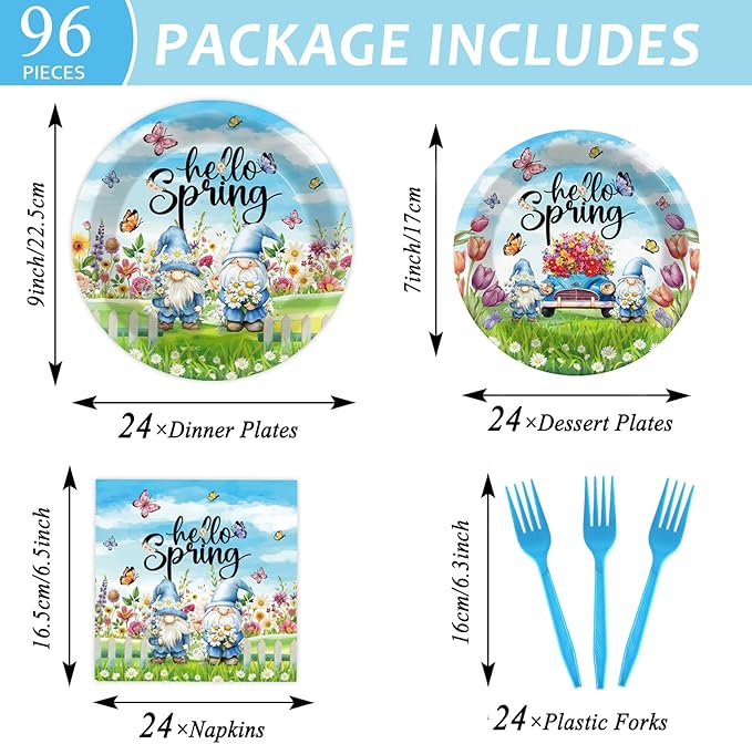 96Pcs Spring Party Supplies Hello Spring Paper Plates and Napkins