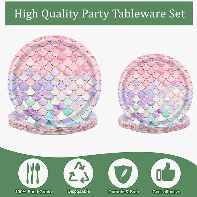 48 Pcs Mermaid Birthday Party Decorations Plates Set for 24