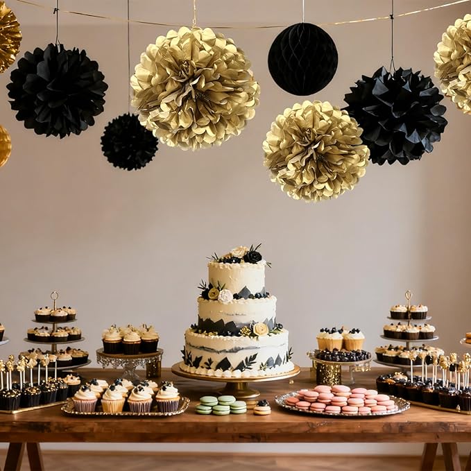 Black Gold Paper Pom Poms for Wedding Birthday Black Gold Party